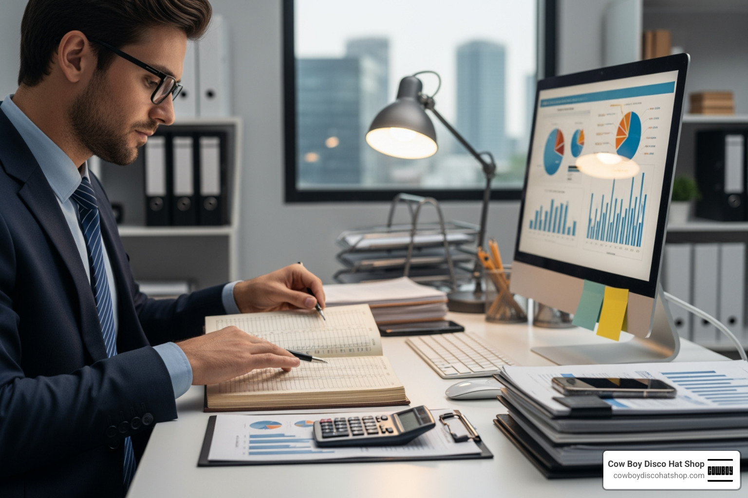 Professional accountant balancing a ledger and managing financial resources