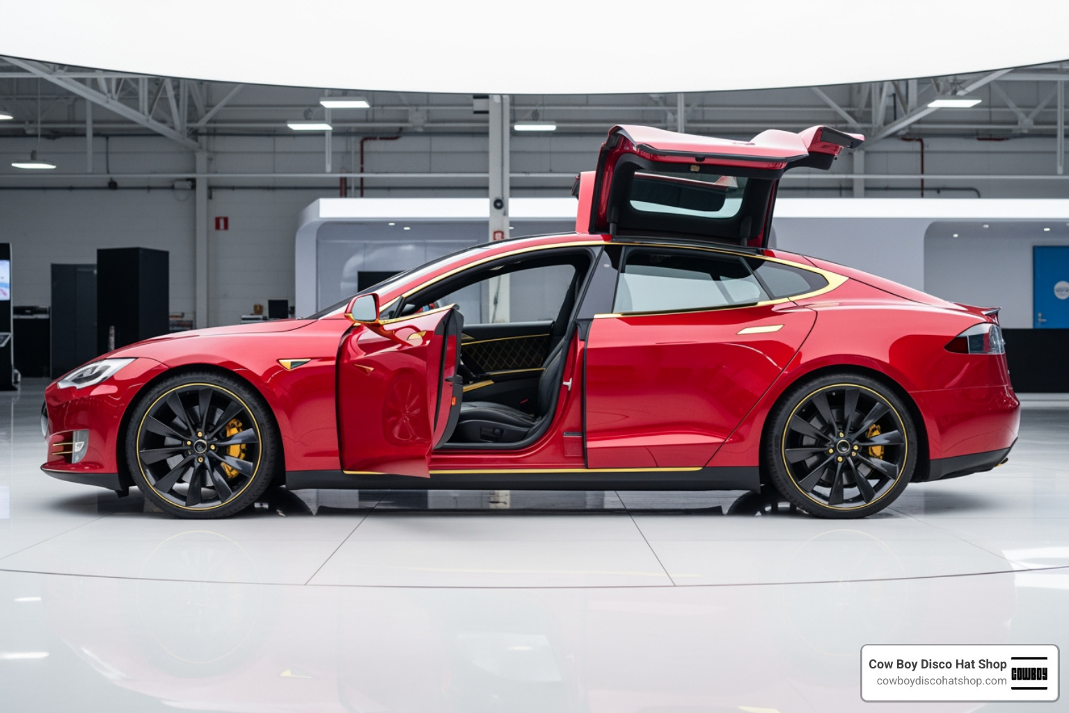 A Garnet Red Tesla Model S Signature Edition with gold accents and bespoke interior