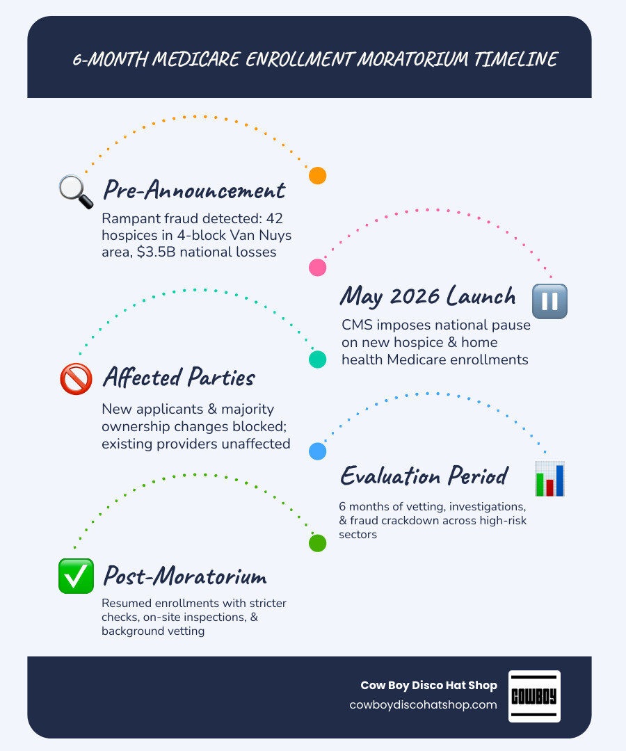 Infographic showing 6-month Medicare enrollment moratorium timeline for hospice and home health providers infographic Infographic showing 6-month Medicare enrollment moratorium timeline for hospice and home health providers infographic