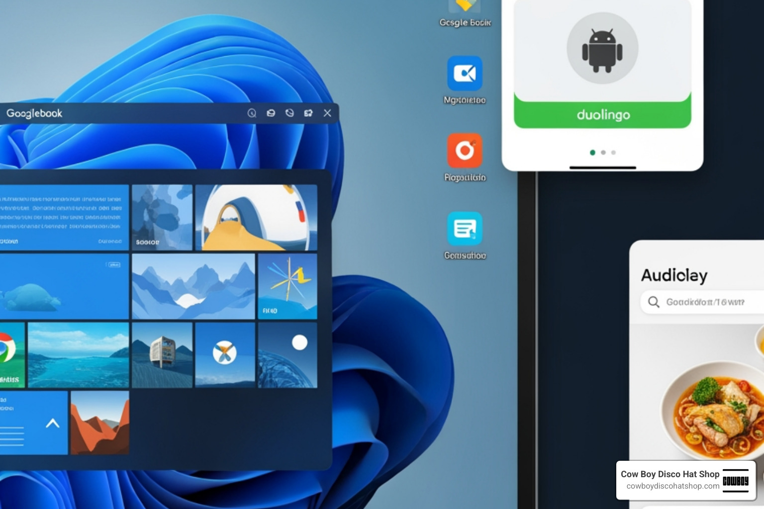 Android apps running in portrait windows on a Googlebook desktop alongside a main workspace