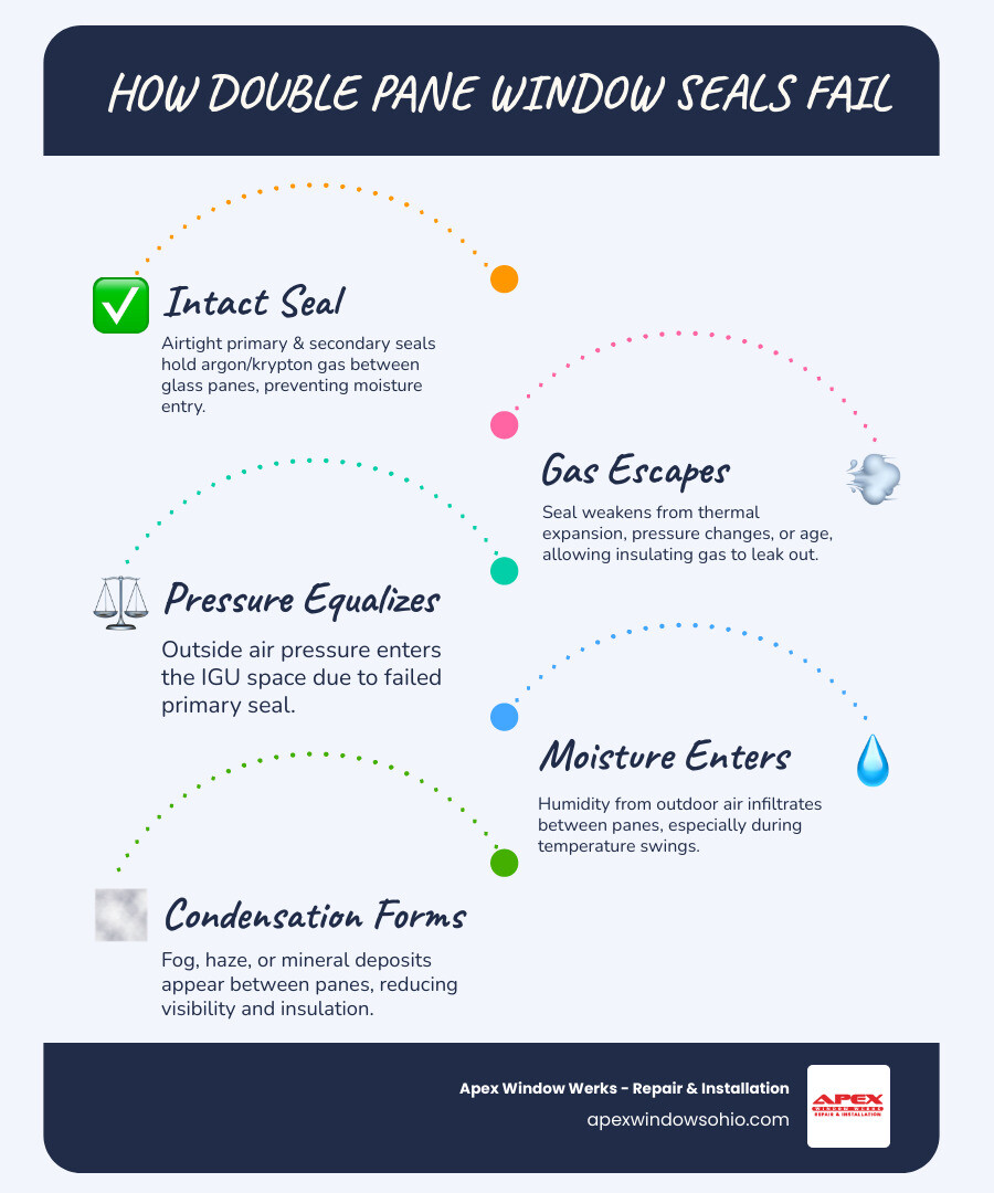 Infographic showing how double pane window seals fail: stages from intact seal to gas escape to moisture entry to fogging