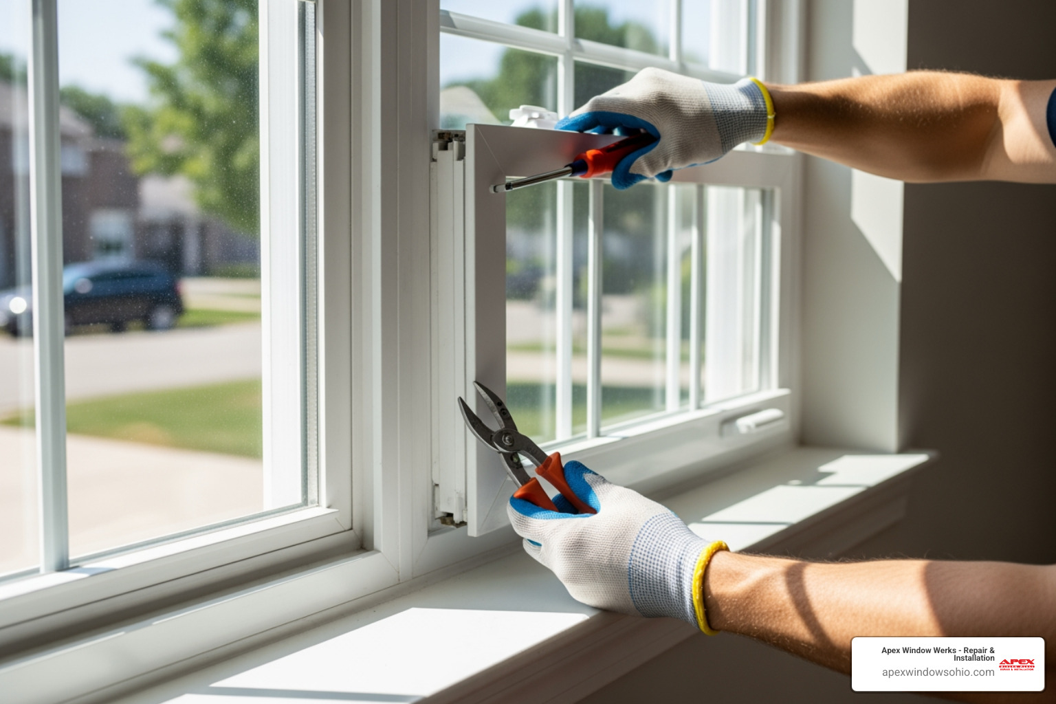 professional technician removing a white window sash for repair