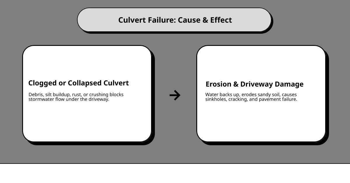 Infographic showing how culverts direct stormwater flow under driveways and into roadside swales infographic