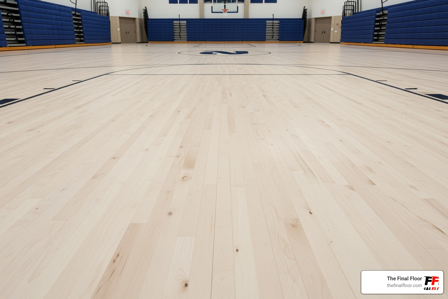 Professional athletic gym floor after a fresh sanding process showing bare maple wood planks Professional athletic gym floor after a fresh sanding process showing bare maple wood planks
