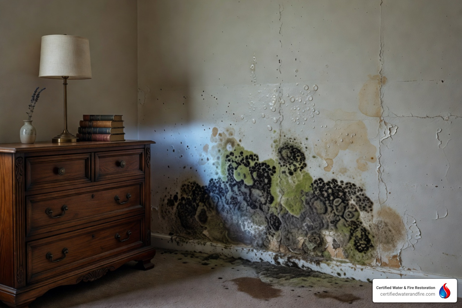 Hidden mold growth spreading behind a bedroom dresser due to wall moisture