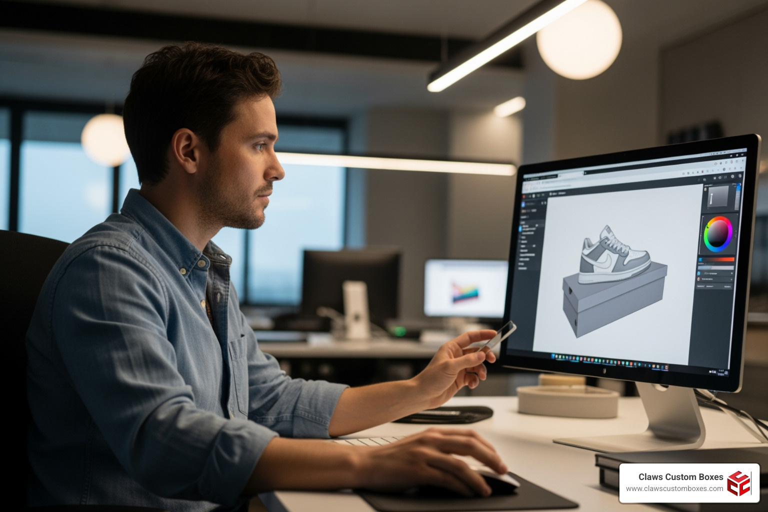 A digital artist using a browser-based tool to adjust a shoe box dieline