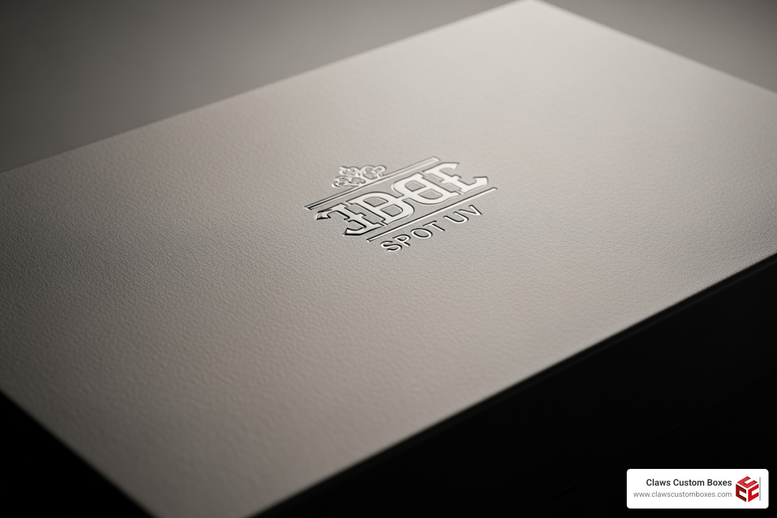 Close-up of a shoe box with matte lamination and a spot UV logo