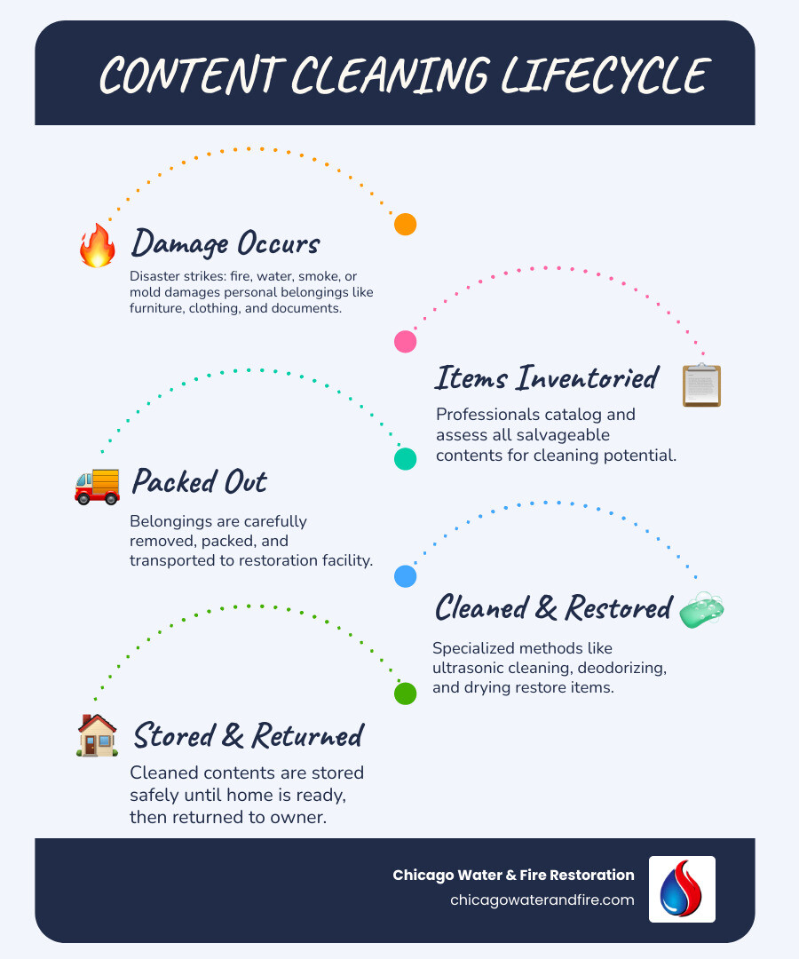 Infographic showing content cleaning lifecycle: damage occurs, items inventoried, packed out, cleaned and restored, stored