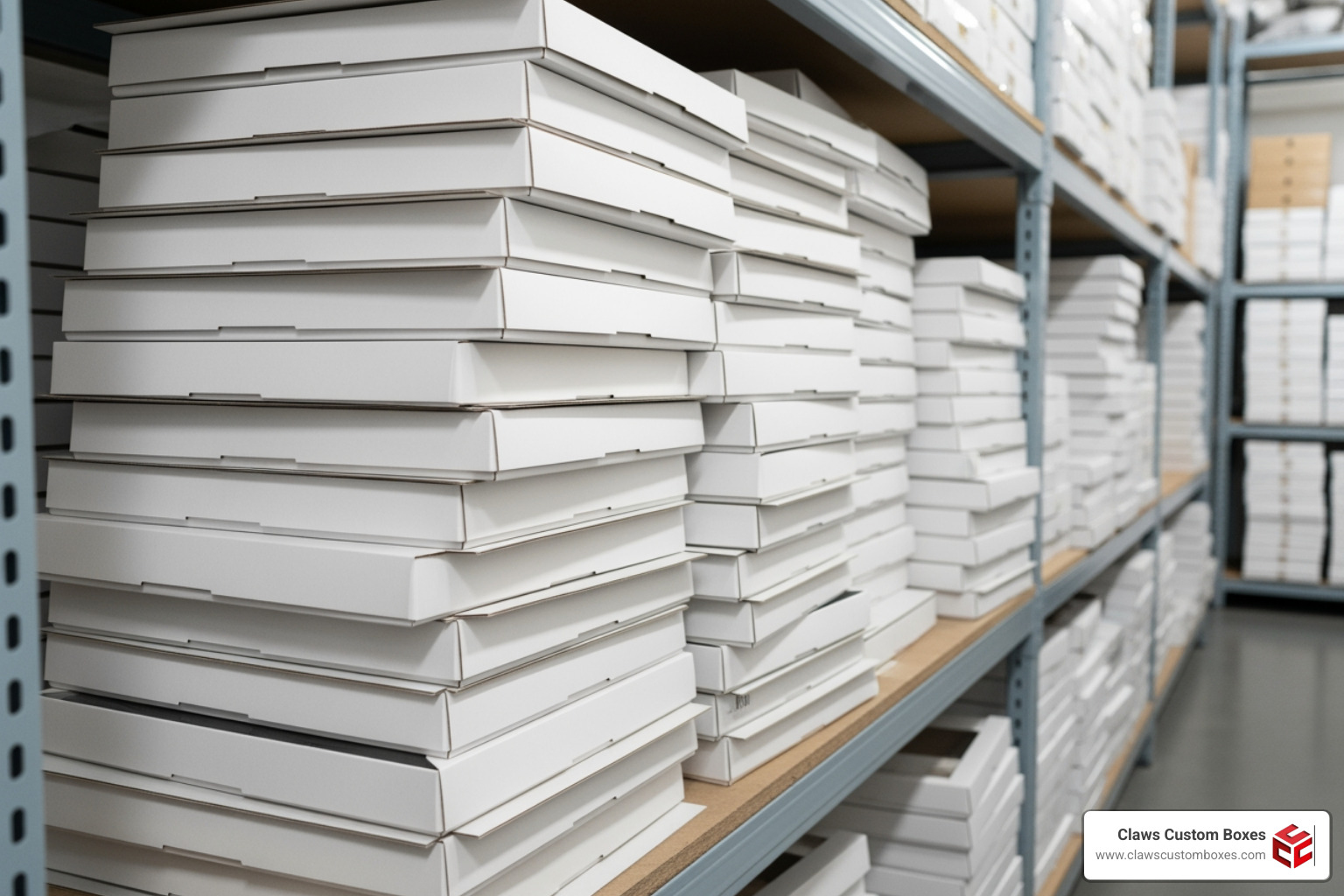 Stacked flat-packed cake boxes in a storage room illustrating space-saving inventory management Stacked flat-packed cake boxes in a storage room illustrating space-saving inventory management
