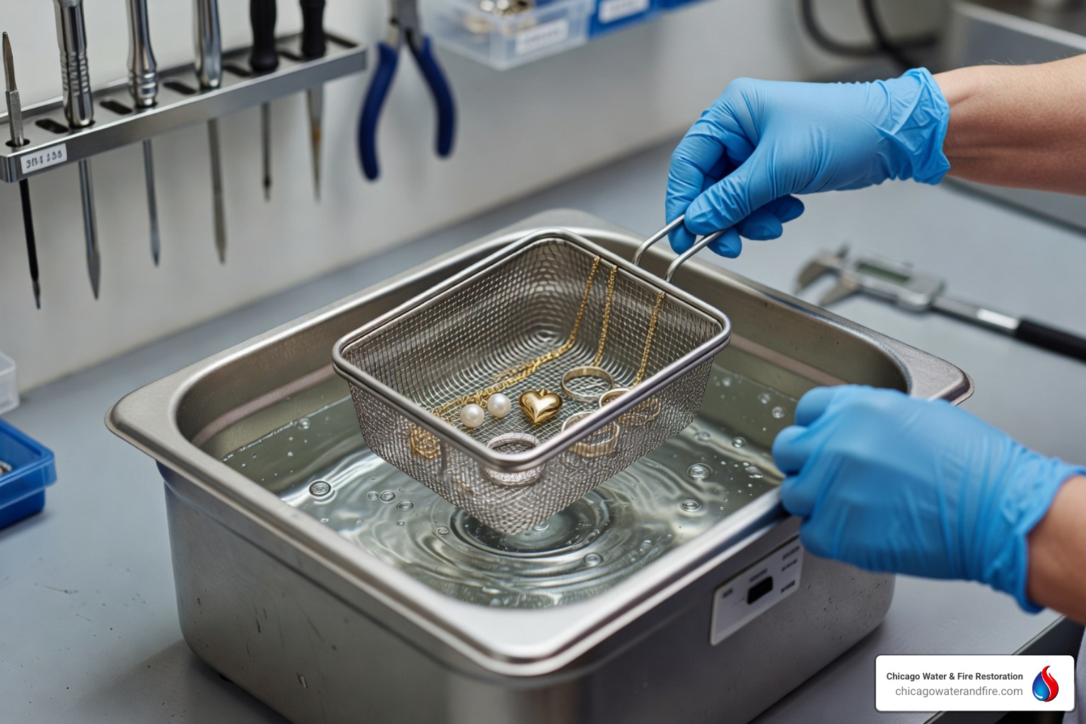 Technician using an ultrasonic cleaner to restore delicate items