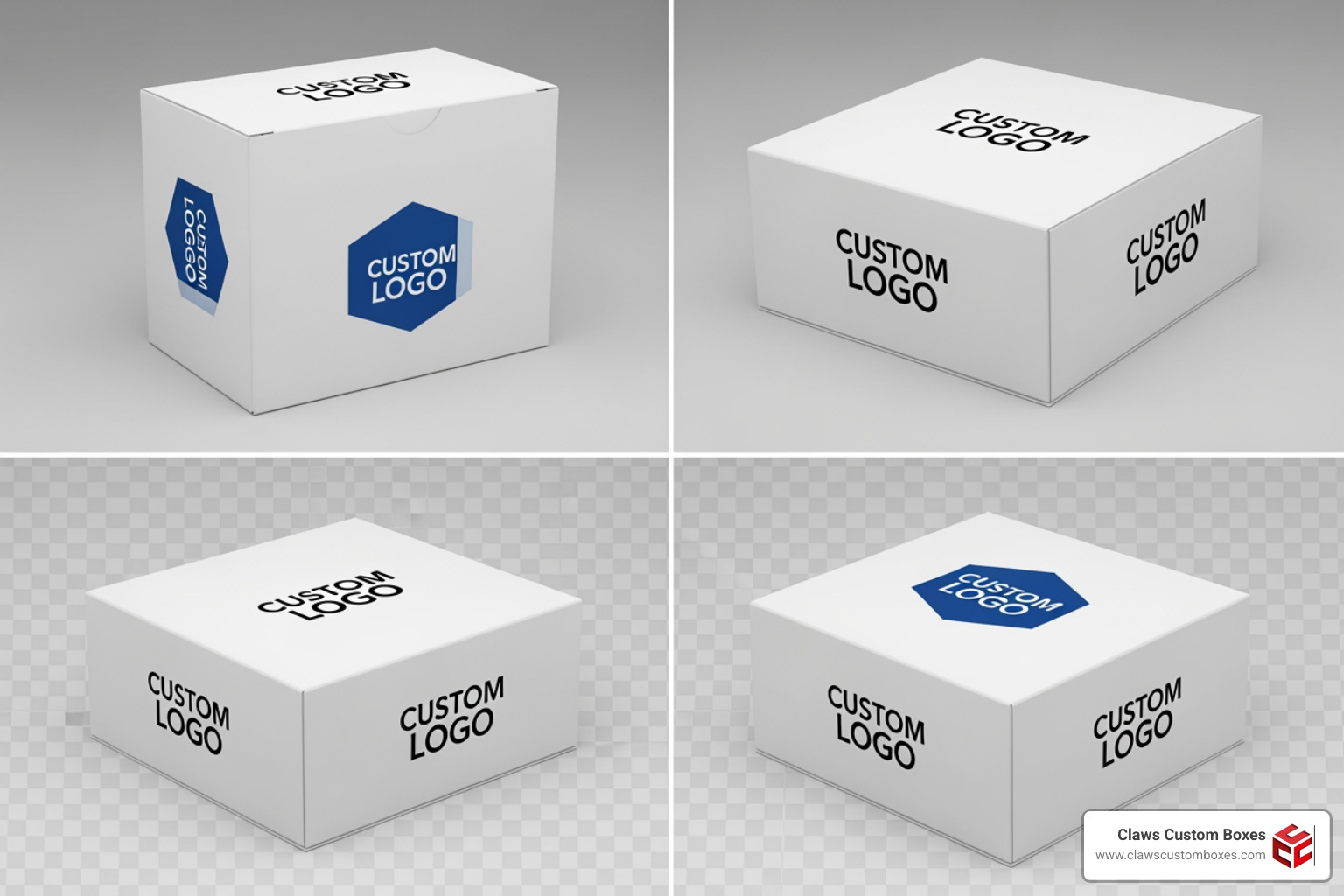 A 3D digital box mockup showing logo placement and box structure