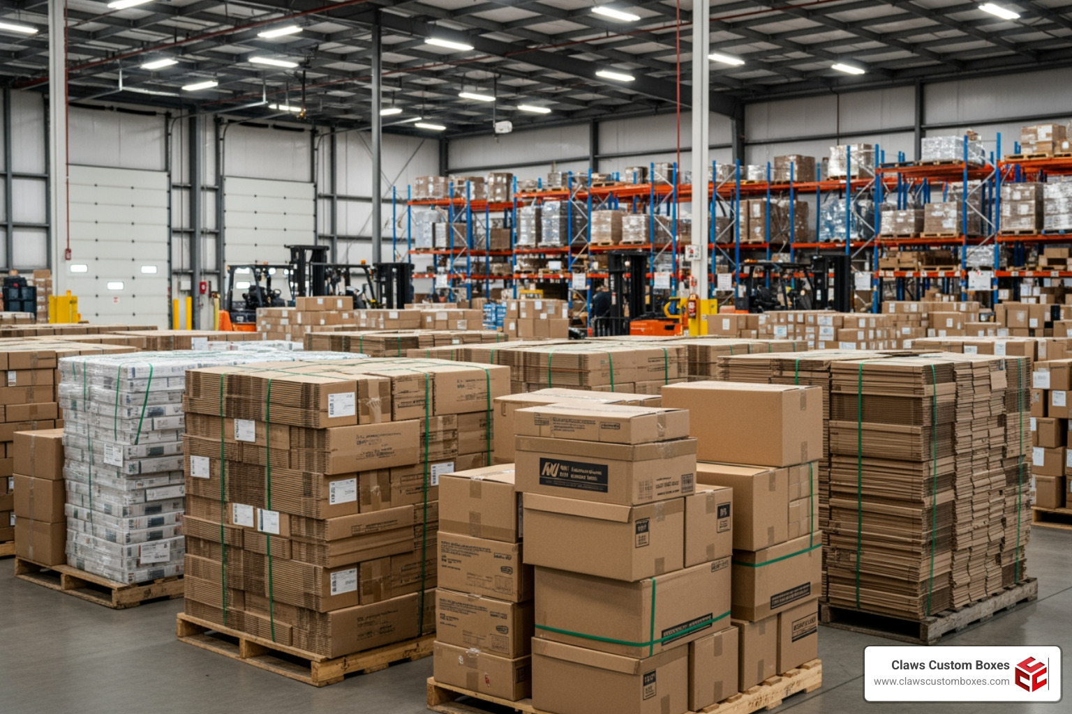bulk wholesale mailer boxes in a warehouse ready for small business shipping