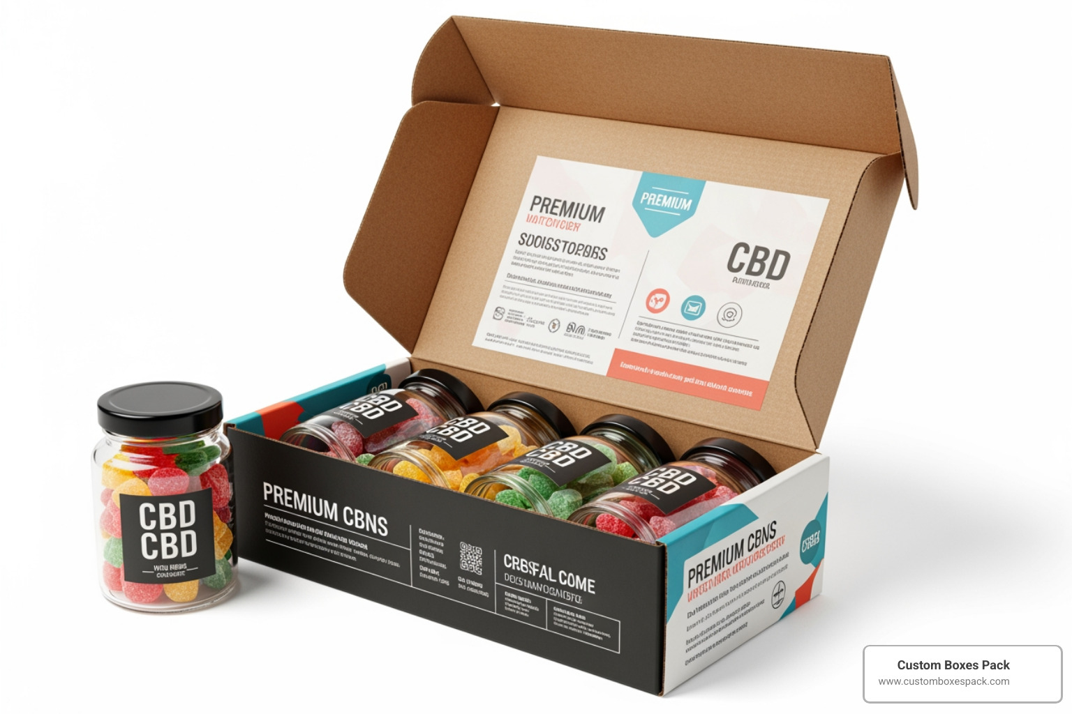 Airtight gummy jars inside a branded CBD box