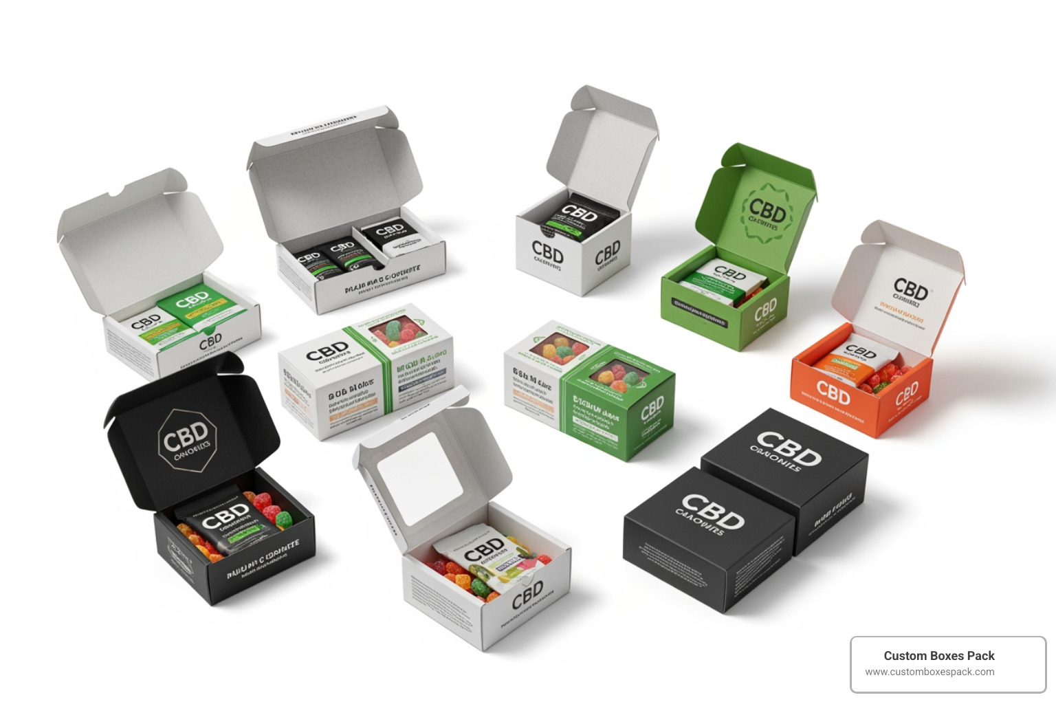 A collection of various CBD box styles including tuck-end, window boxes, and two-piece rigid boxes