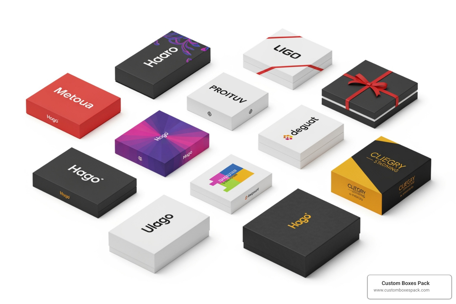 3D digital mockups of custom branded boxes