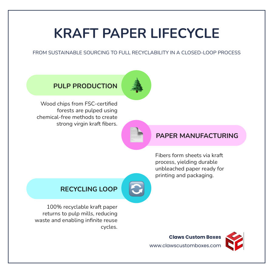 Kraft paper manufacturing and recycling lifecycle infographic showing pulp production to recyclability infographic