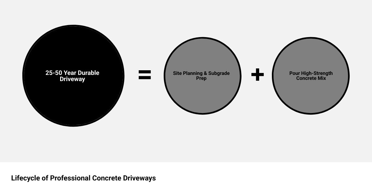 Lifecycle of professional concrete driveways: planning, base prep, pour, cure, maintenance, lifespan infographic Lifecycle of professional concrete driveways: planning, base prep, pour, cure, maintenance, lifespan infographic