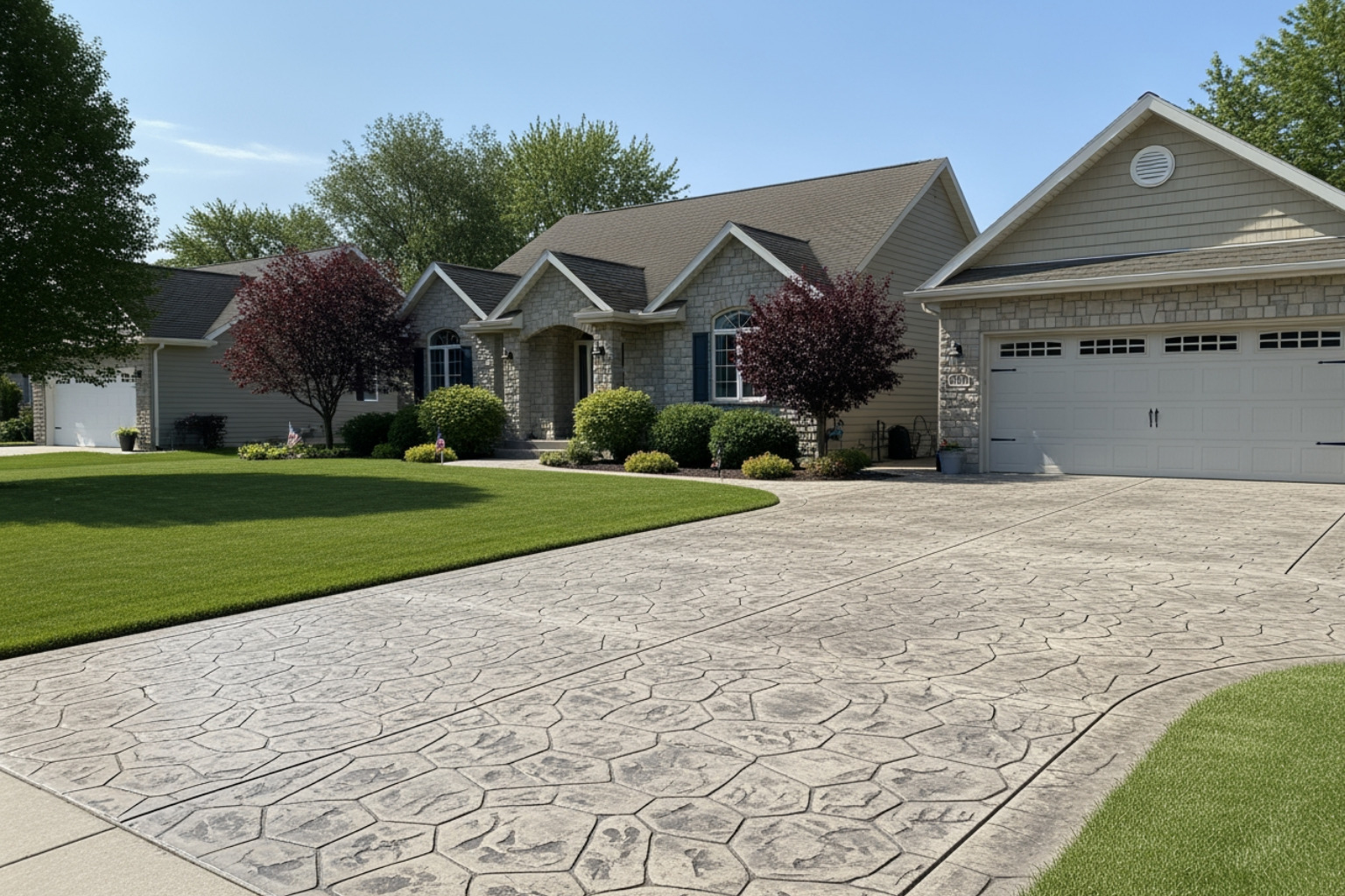 Stamped concrete driveway with stone pattern in a residential setting Stamped concrete driveway with stone pattern in a residential setting