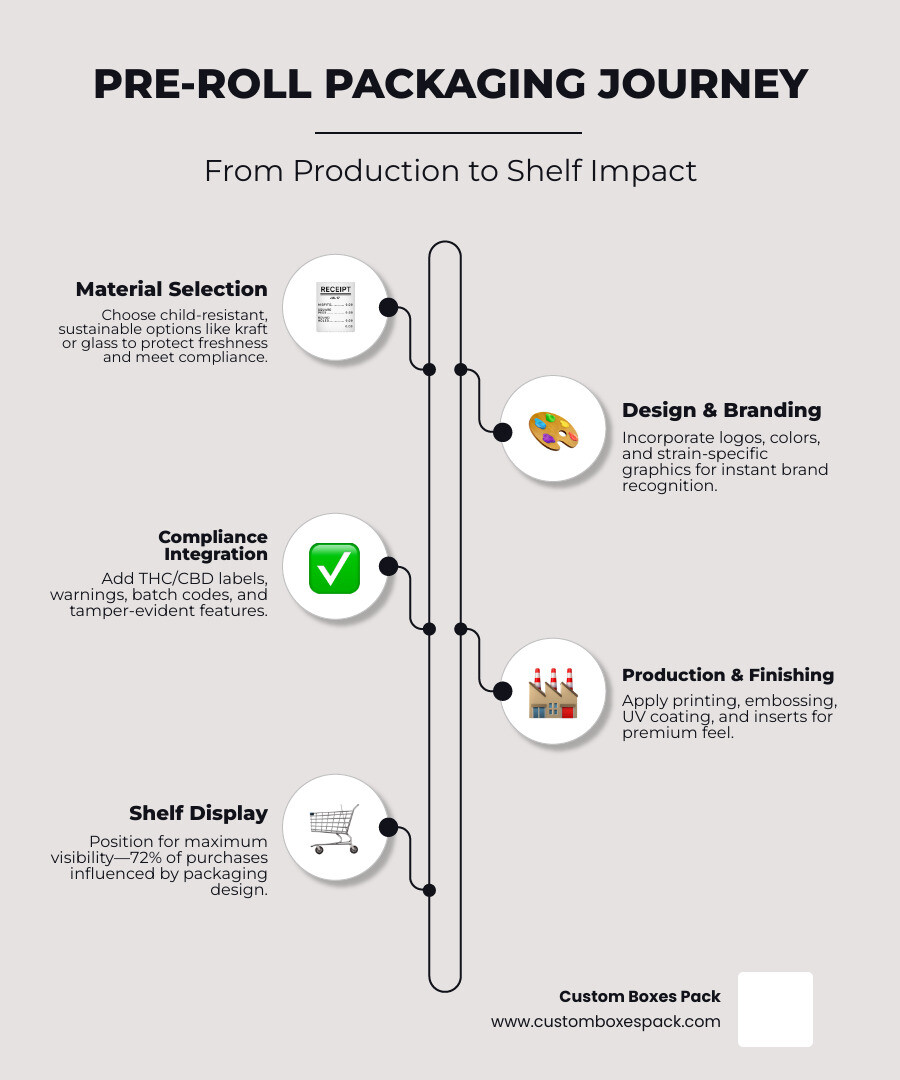 Infographic showing the pre-roll packaging journey from material selection to branded shelf display infographic
