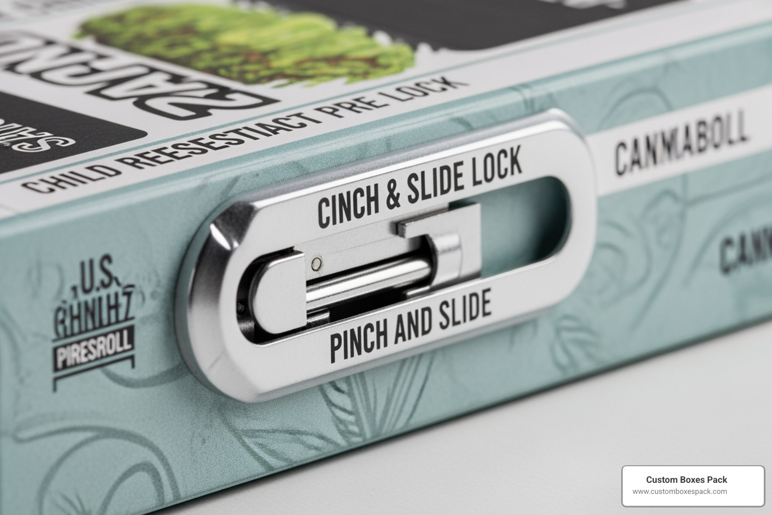 Close-up of child-resistant locking mechanisms on a pre-roll box
