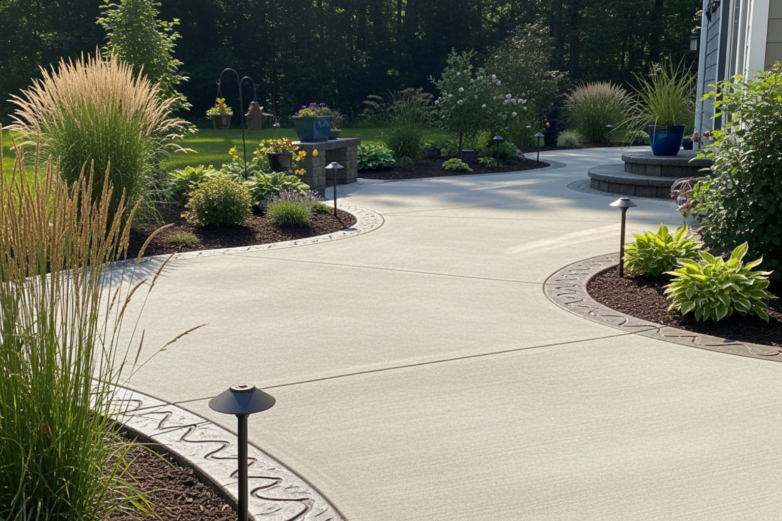 A free-form concrete patio design with curved edges and a decorative border