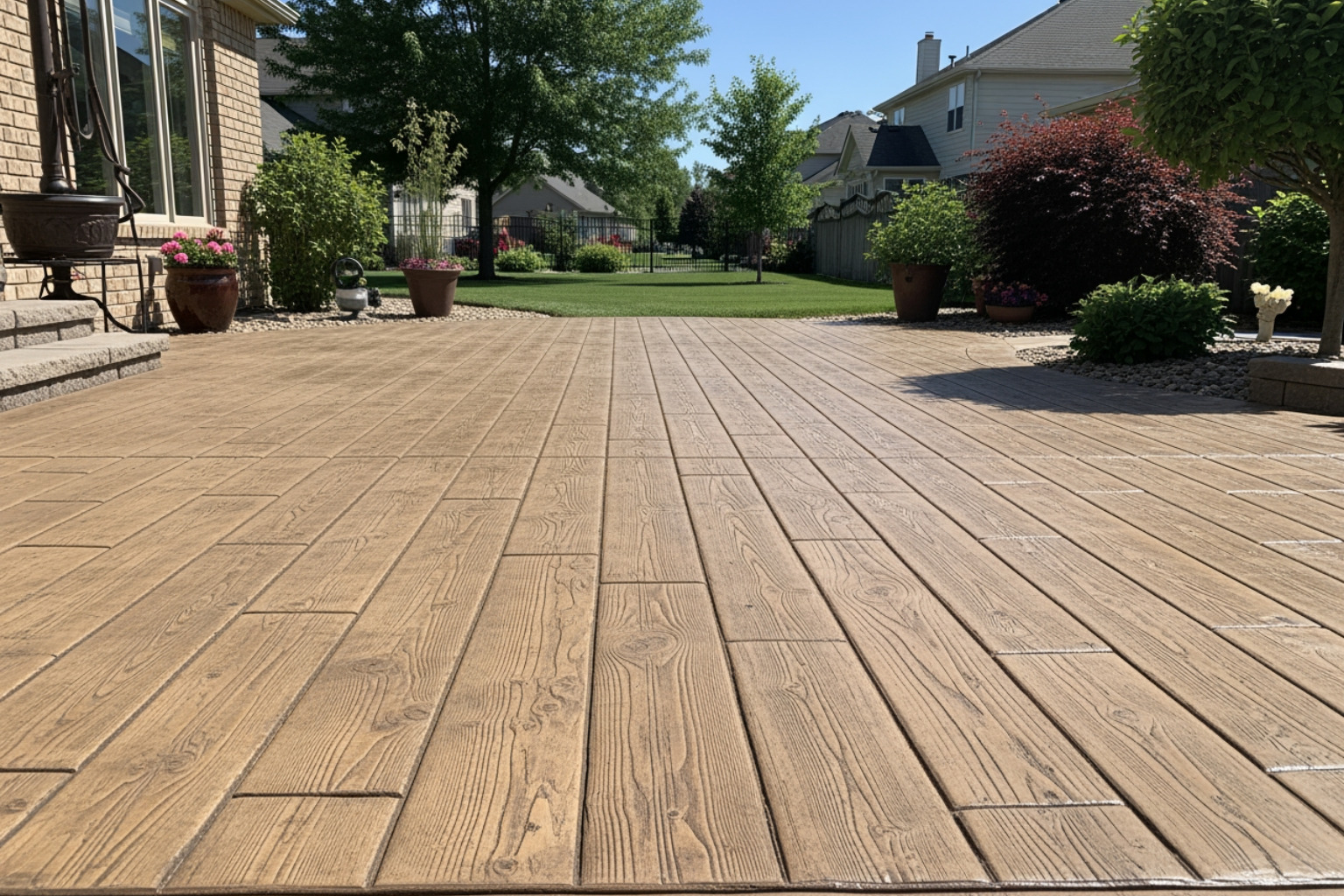 A beautiful wood-look stamped concrete patio in a residential backyard