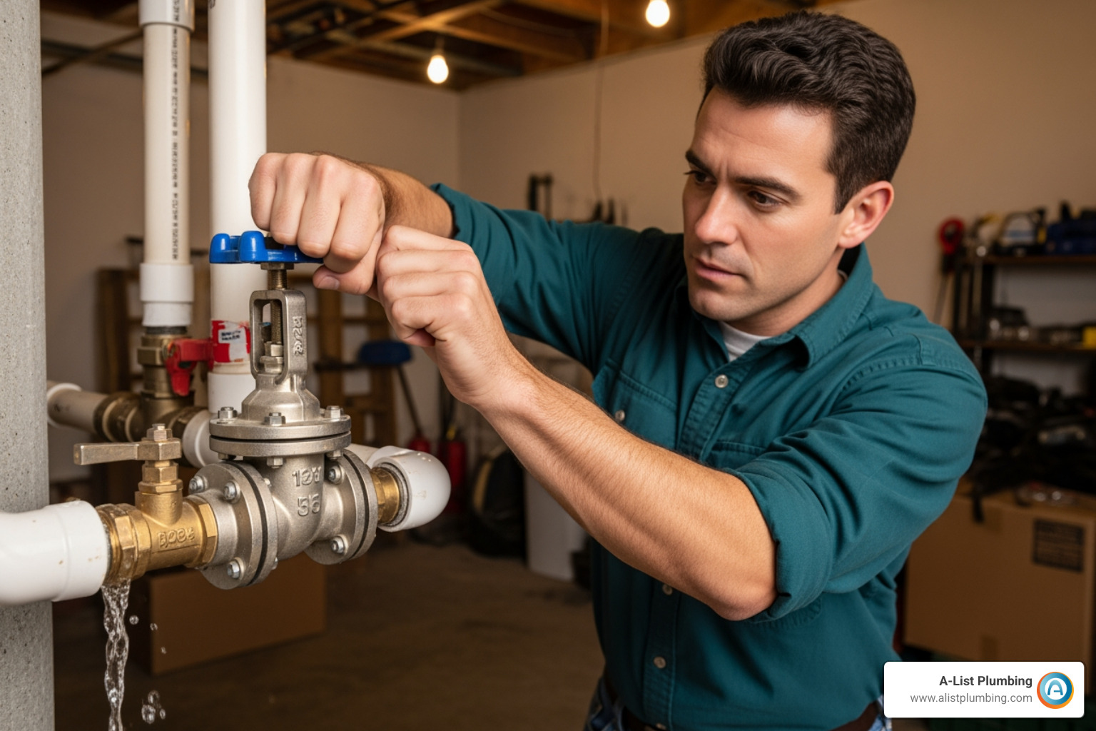 A homeowner successfully turning the handle on the main water shut-off valve to stop a leak