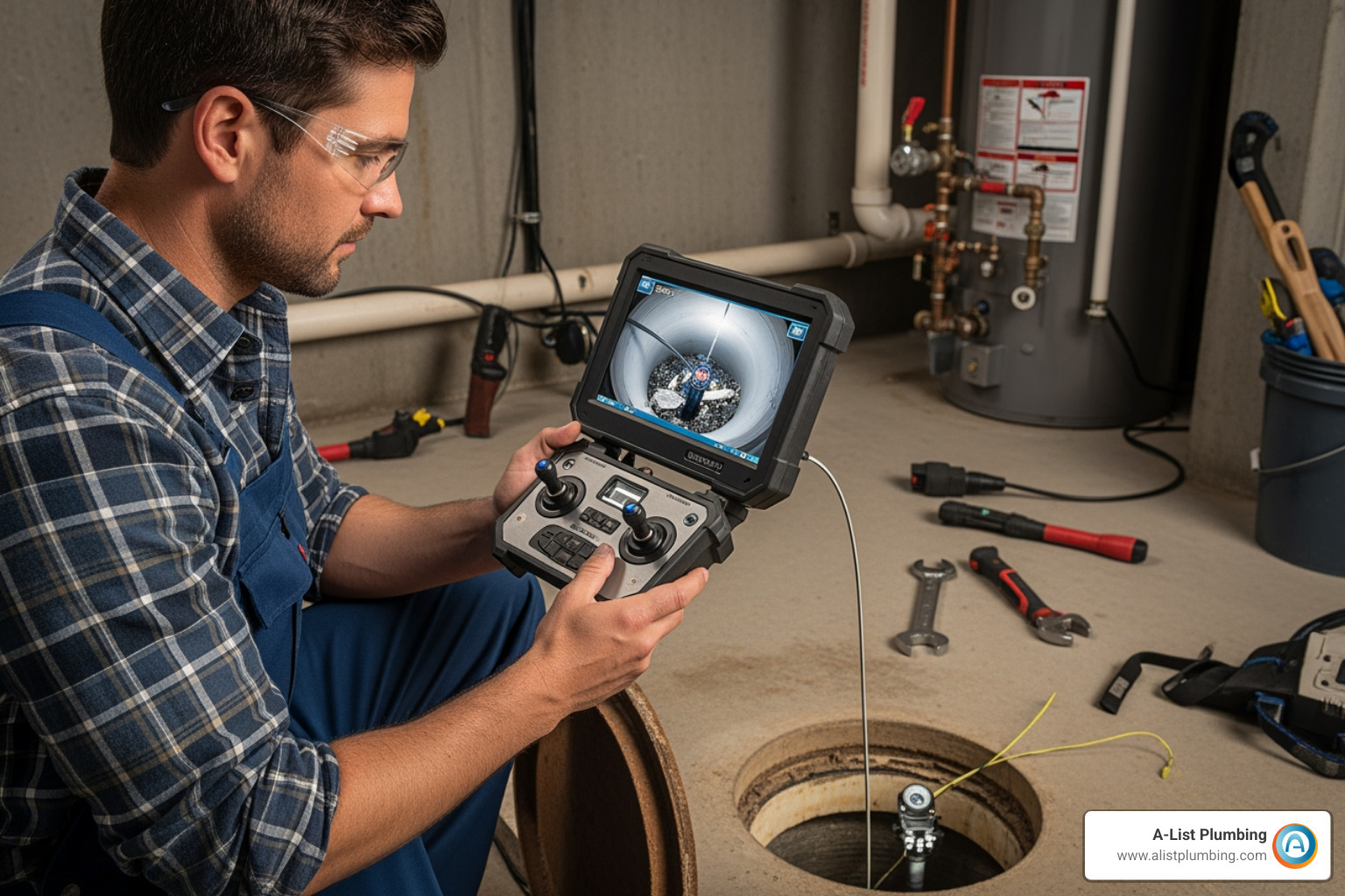 A professional plumber using a high-tech waterproof camera to locate a deep sewer clog