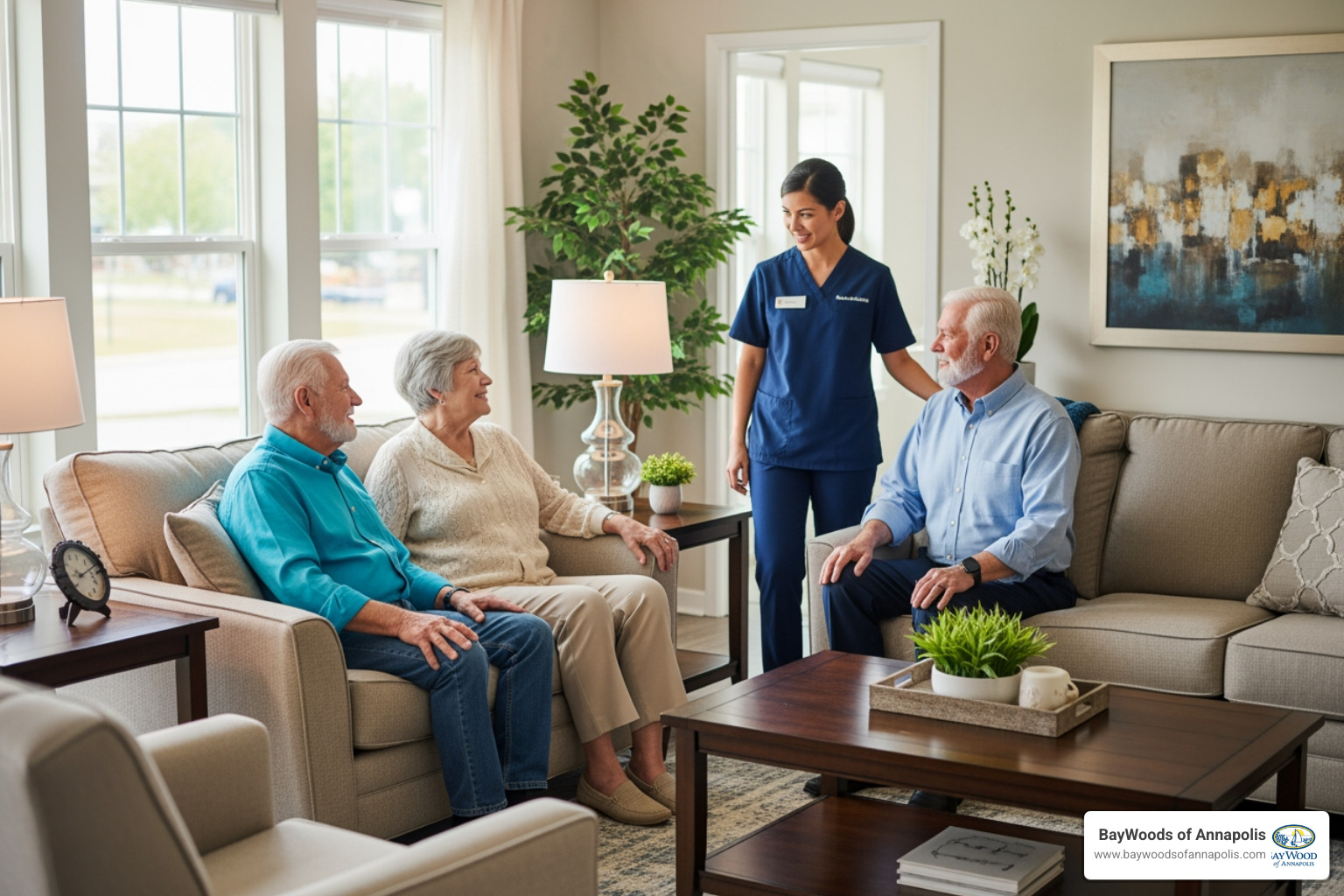 Family touring a senior living apartment with a community representative