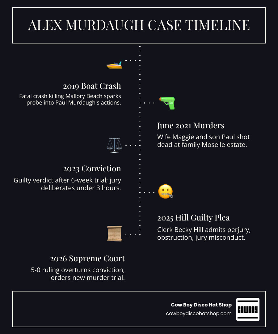 Timeline infographic of Alex Murdaugh case from 2019 boat crash to 2026 new trial ruling infographic