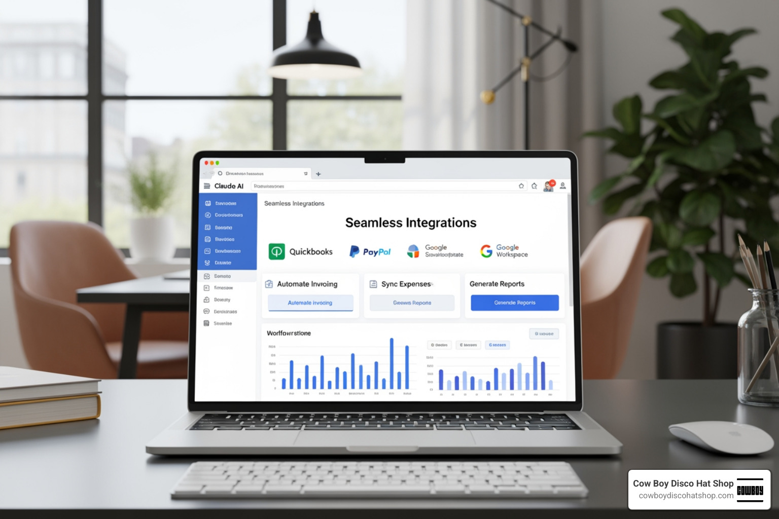 Claude AI interface showing integrations with QuickBooks PayPal and Google Workspace