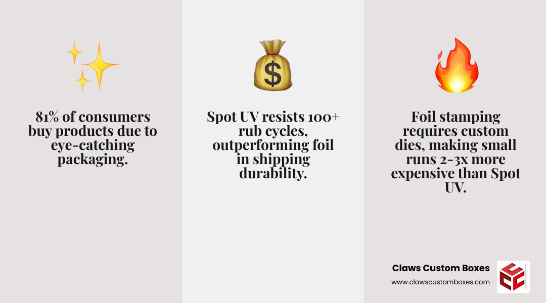 Infographic comparing foil stamping vs spot UV: visual impact, cost, durability, and best use cases infographic
