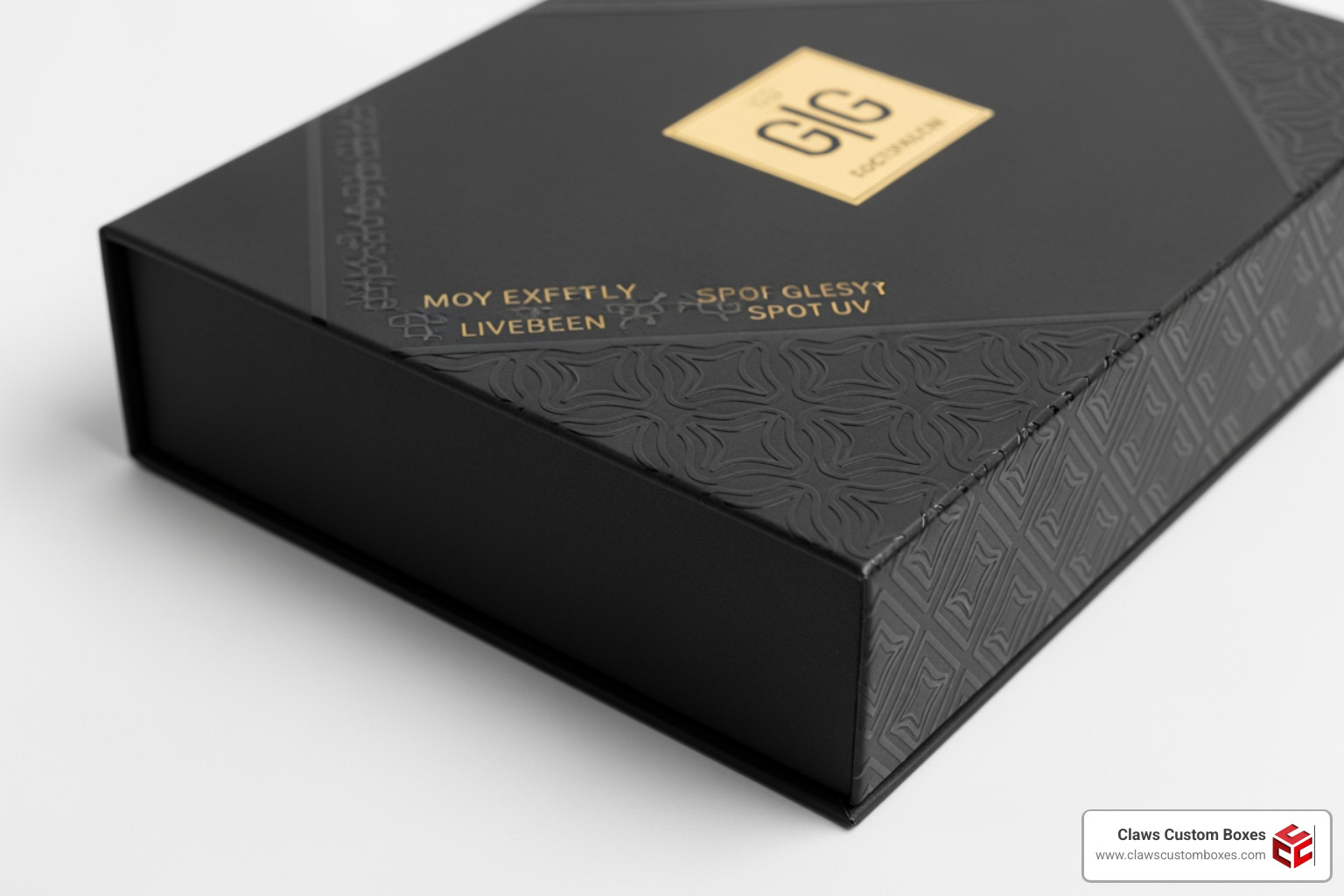 A luxury rigid box featuring a combination of soft-touch lamination, gold foil, and raised spot UV