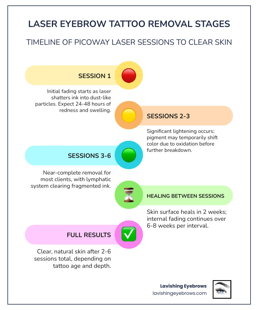 Infographic showing laser eyebrow tattoo removal stages: session 1 fading to full removal with timeline infographic Infographic showing laser eyebrow tattoo removal stages: session 1 fading to full removal with timeline infographic
