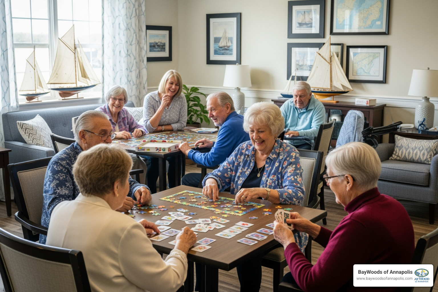 Seniors in Maryland memory care engaging in cognitive stimulation activities Seniors in Maryland memory care engaging in cognitive stimulation activities