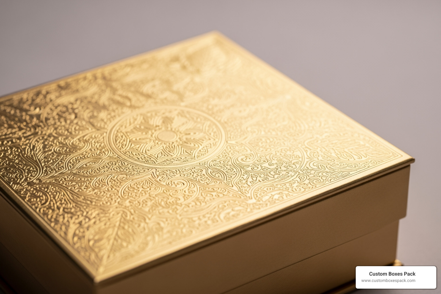 Close-up of a premium gift card box with gold foil stamping