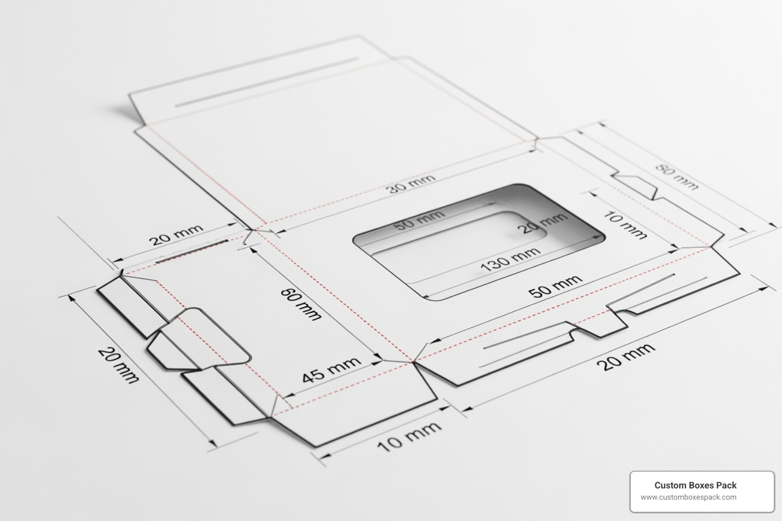 Technical dieline for a custom gift card box showing bleed and fold lines