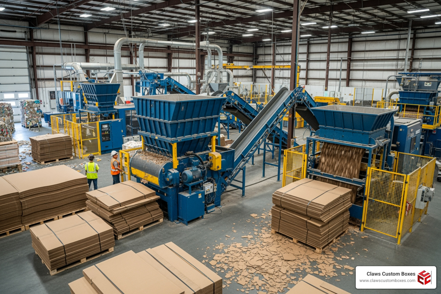 Recycled cardboard materials being processed for eco-friendly packaging