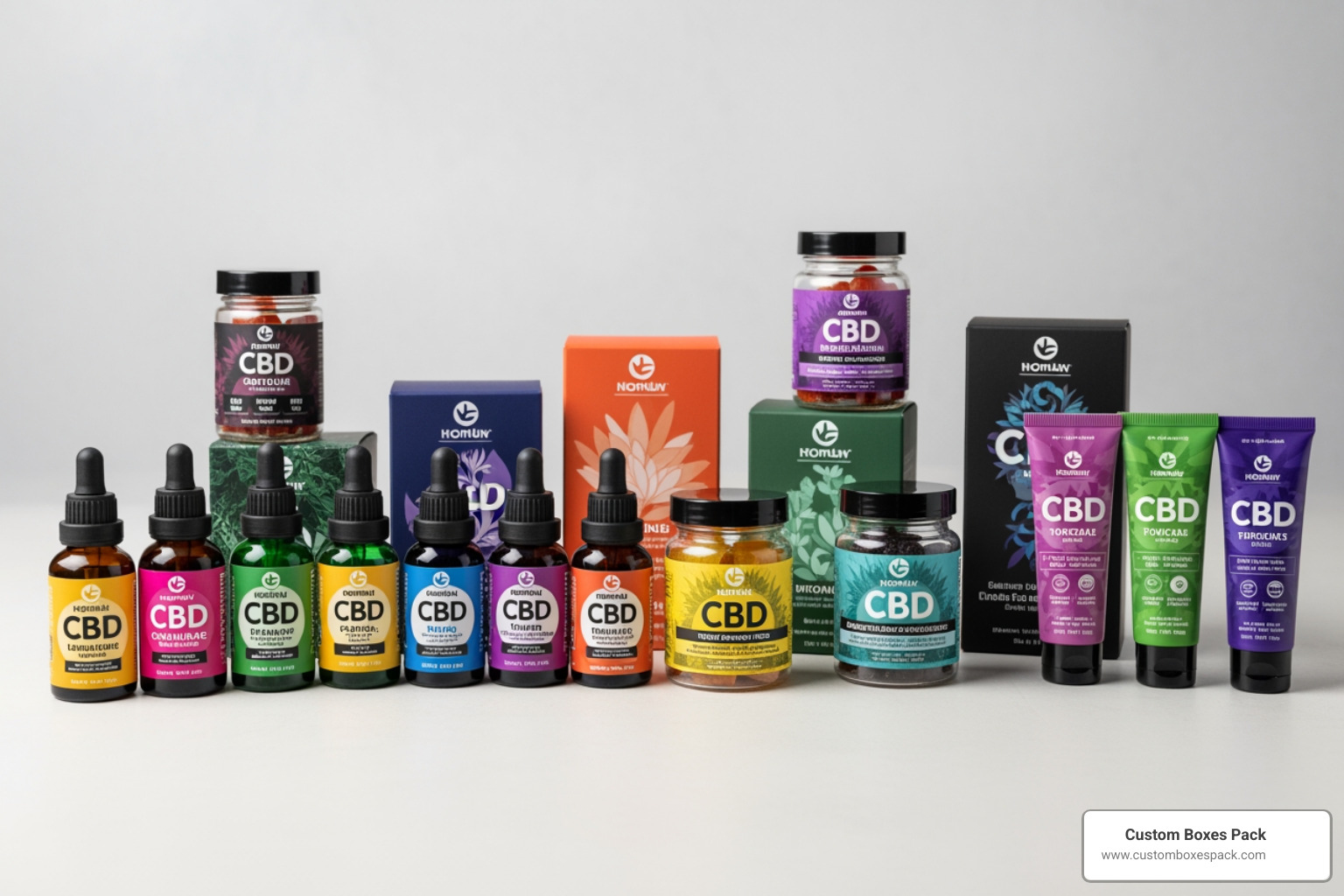 A diverse range of CBD products including oils, gummies, and topicals in branded packaging