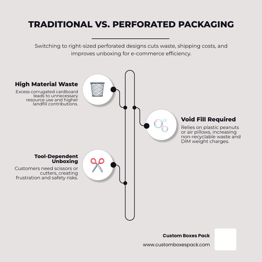 comparison table of traditional vs right-sized perforated packaging for shipping efficiency infographic