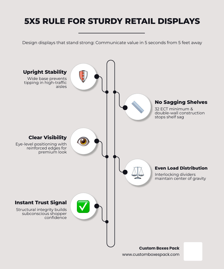 Infographic showing the 5x5 Rule and structural integrity principles for corrugated retail display boxes infographic