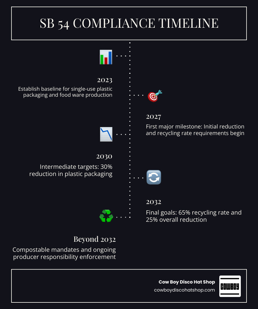 SB 54 compliance timeline infographic from 2023 baseline to 2032 recycling and reduction targets infographic