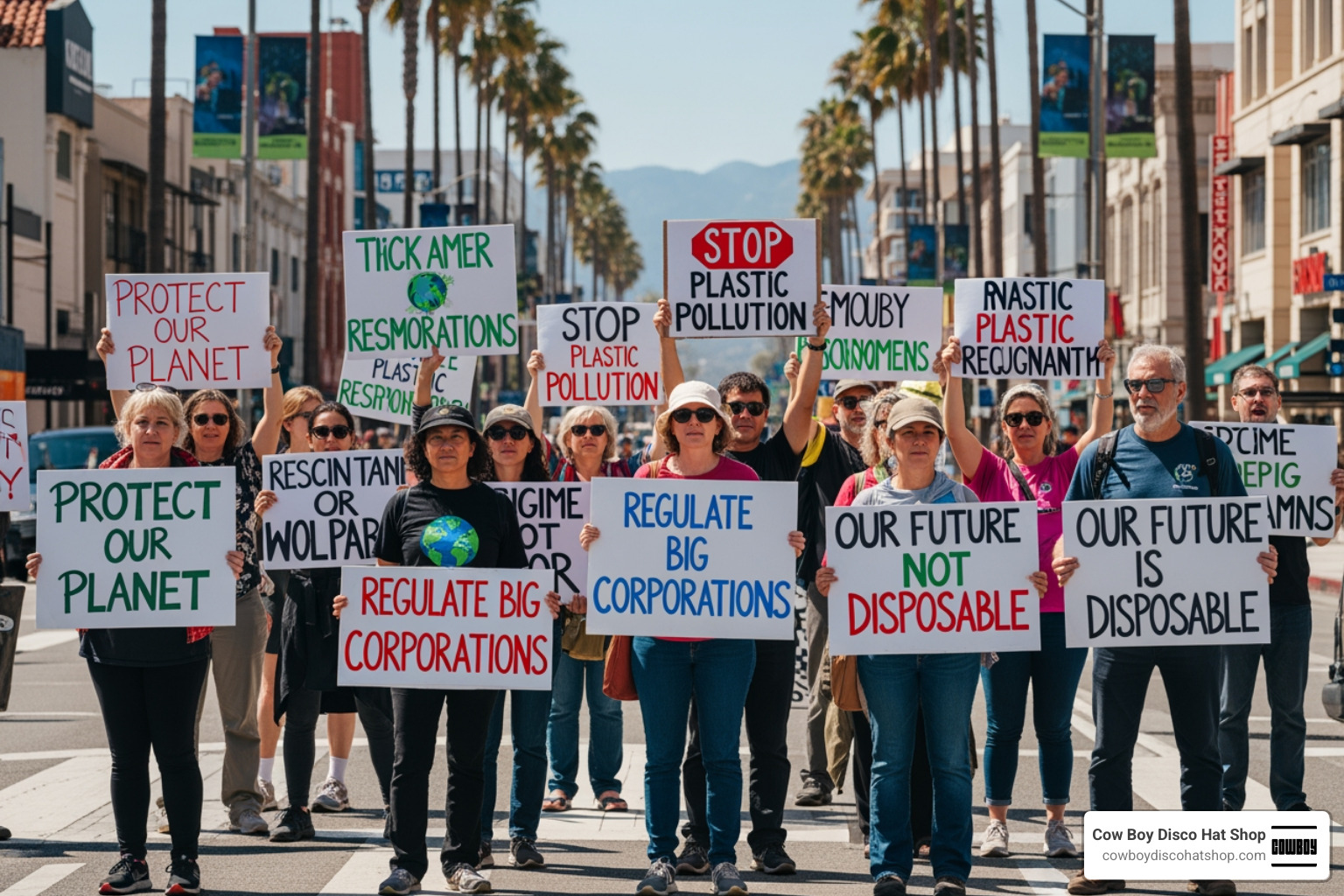 Protesters holding signs about environmental regulations and corporate responsibility