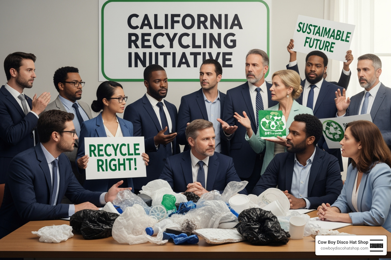 Recycling facility workers sorting plastic packaging on a conveyor belt