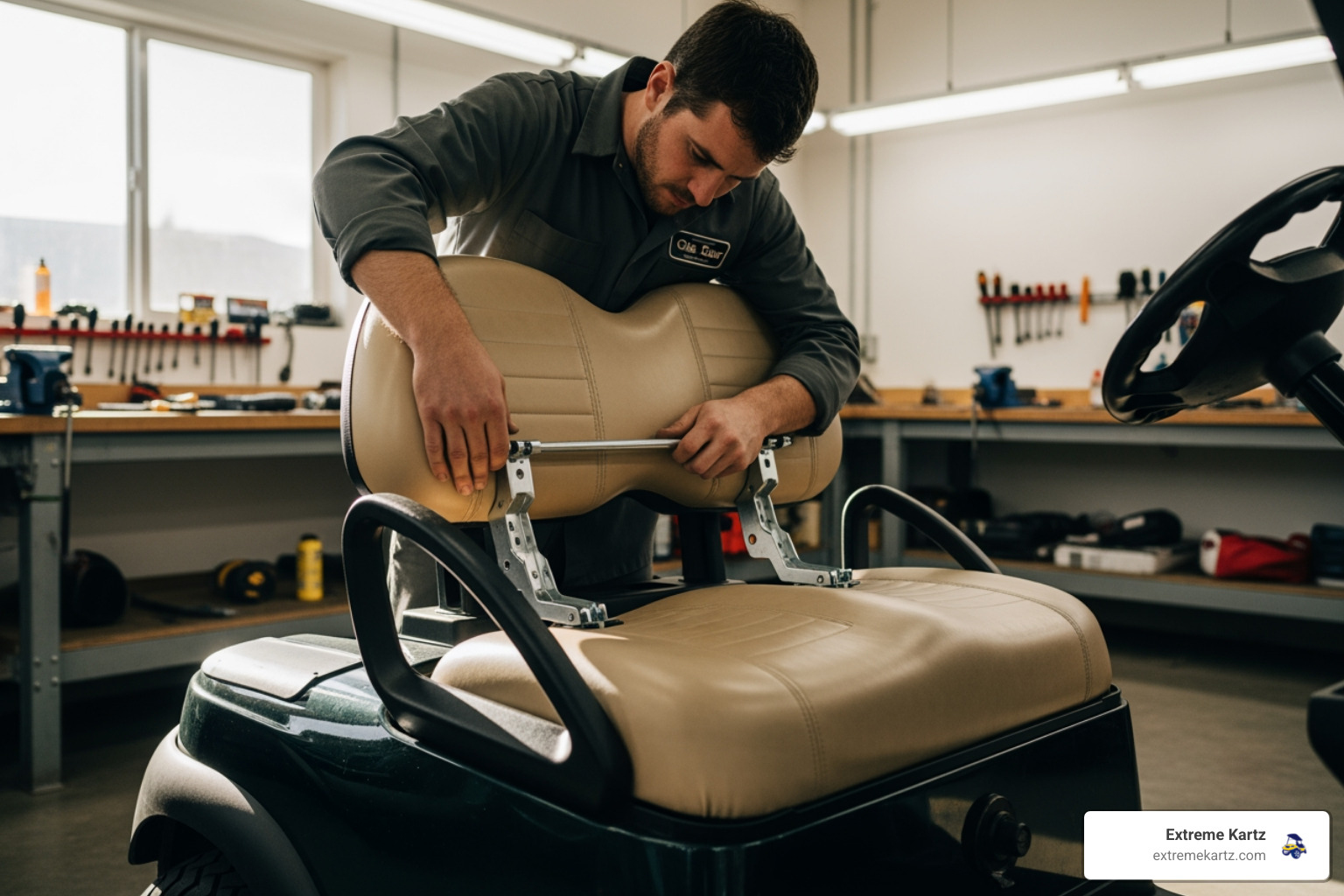 mechanic installing a model-specific front seat replacement in a well-lit shop