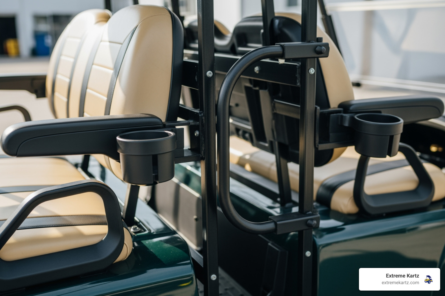 A close-up of a Club Car Tempo rear seat featuring a safety grab bar and armrests with integrated cup holders