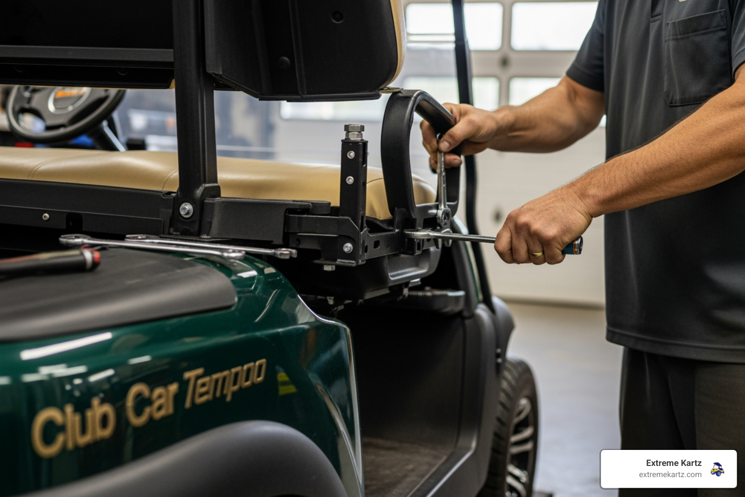 A mechanic in a well-lit shop installing a rear seat kit on a Club Car Tempo, focusing on the mounting brackets