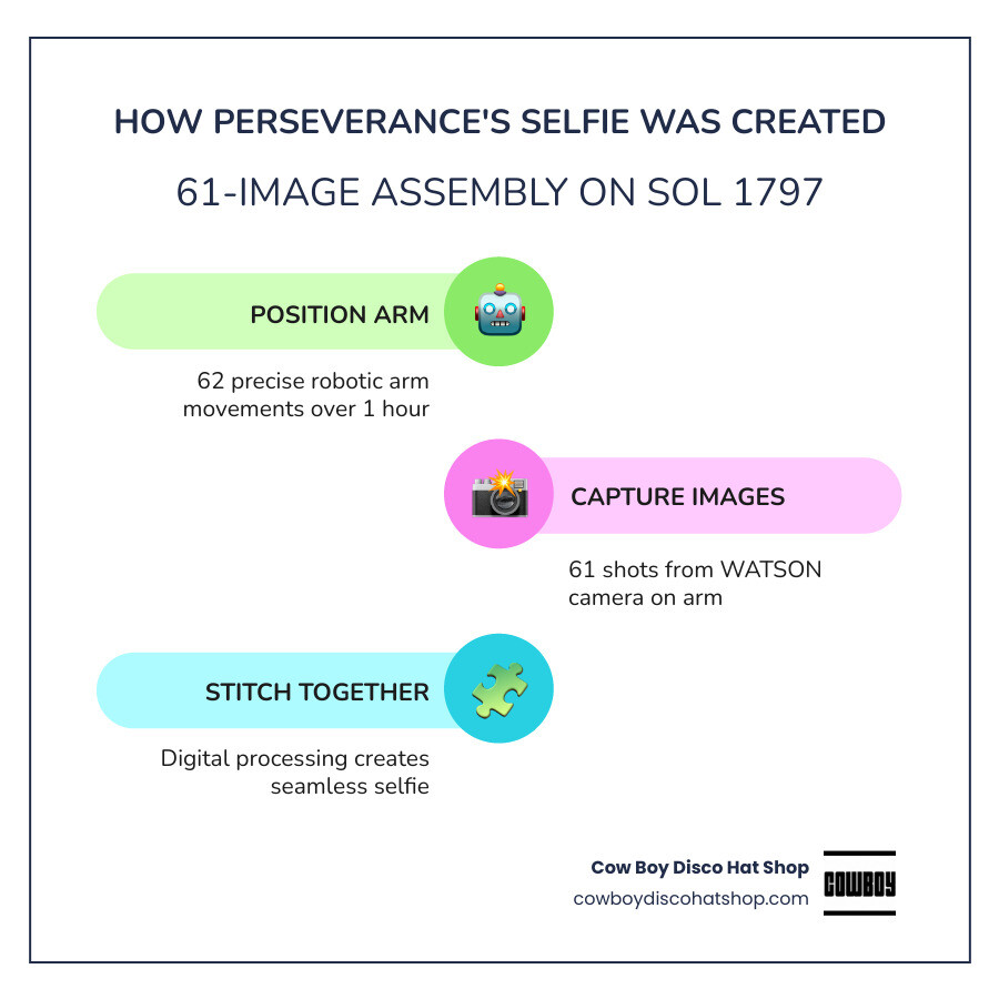 Infographic showing 61-image selfie assembly process, WATSON camera arm movements, Sol 1797 location infographic