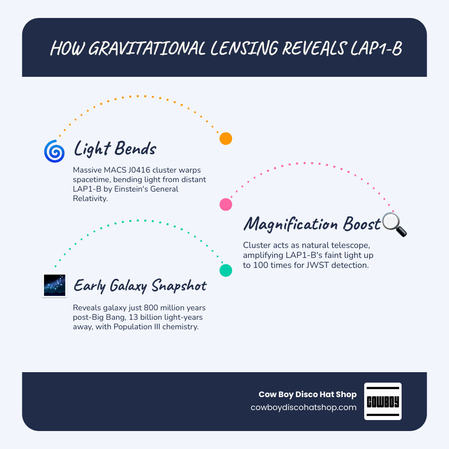 Infographic showing how gravitational lensing magnifies LAP1-B galaxy 100x to reveal early universe infographic