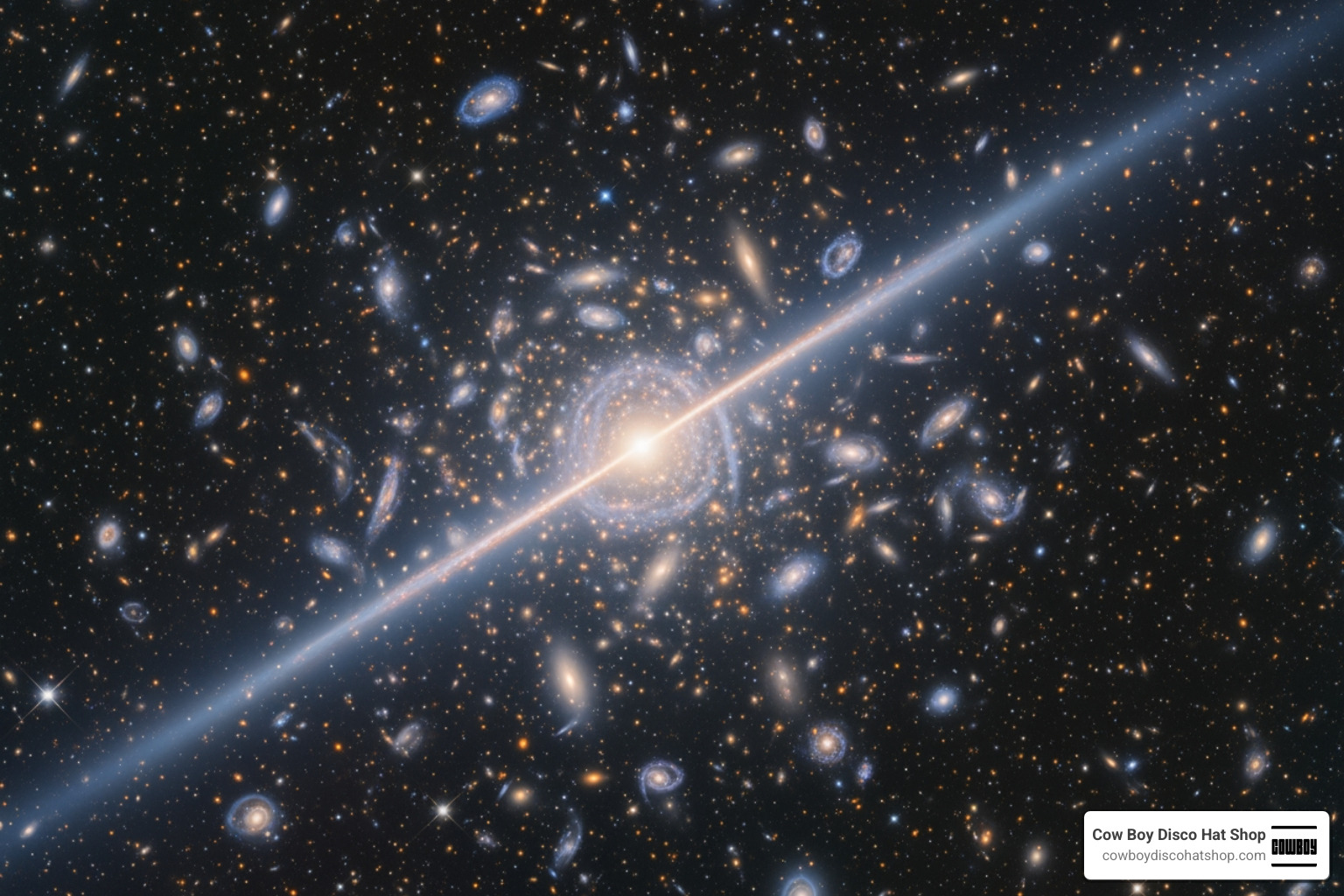 A glowing gravitational lensing arc stretched across a cluster of galaxies